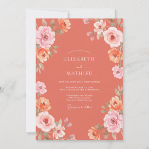 Convites Casamento Romântico Floral Coral Pintado à Mão