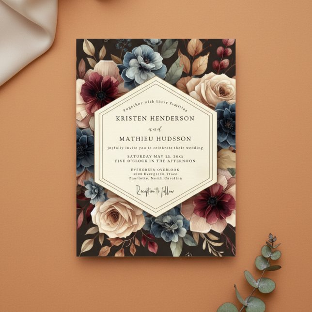 Convites Casamento Romântico Floral da Floresta em Borgonha (Criador carregado)