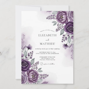 Convites Casamento Romântico Floral de Ameixa Pintado à Mão