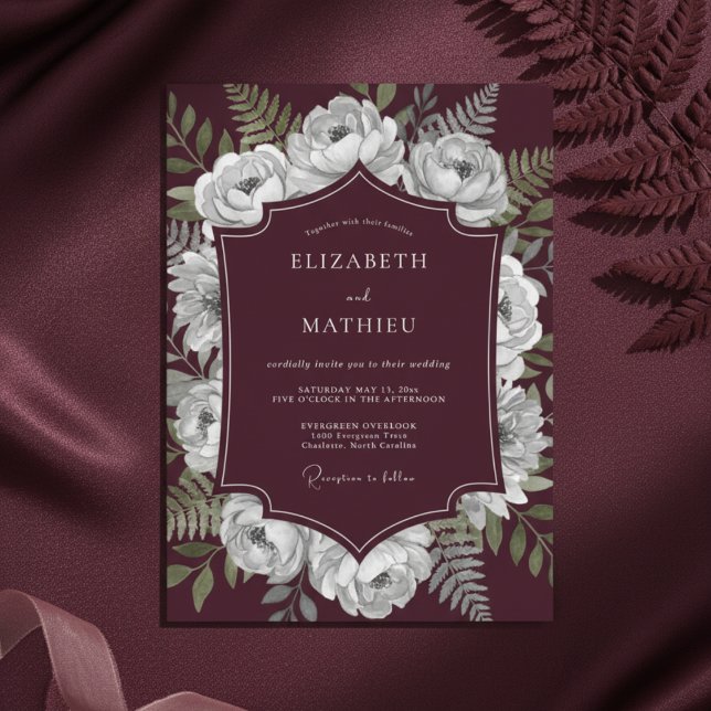 Convites Casamento Romântico Floral de Borgonha (Criador carregado)