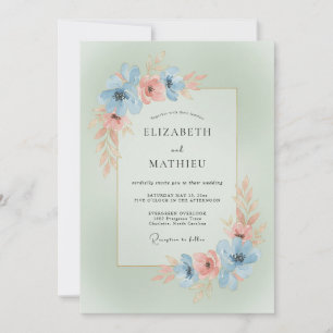 Convites Casamento Romântico Floral de Coral Azul Celeste