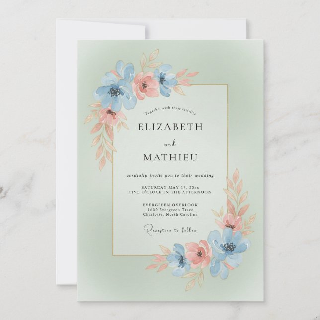 Convites Casamento Romântico Floral de Coral Azul Celeste (Frente)