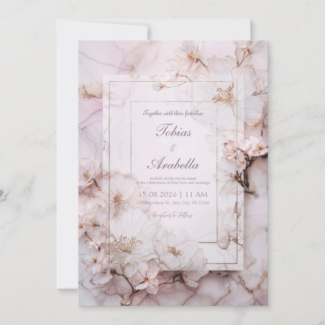 Convites Casamento Romântico Floral de Marble Blush (Frente)