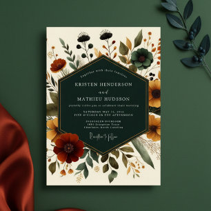 Convites Casamento Romântico Floral de Outono em Azul Teal