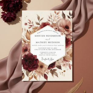 Convites Casamento Romântico Floral de Outono em Borgonha