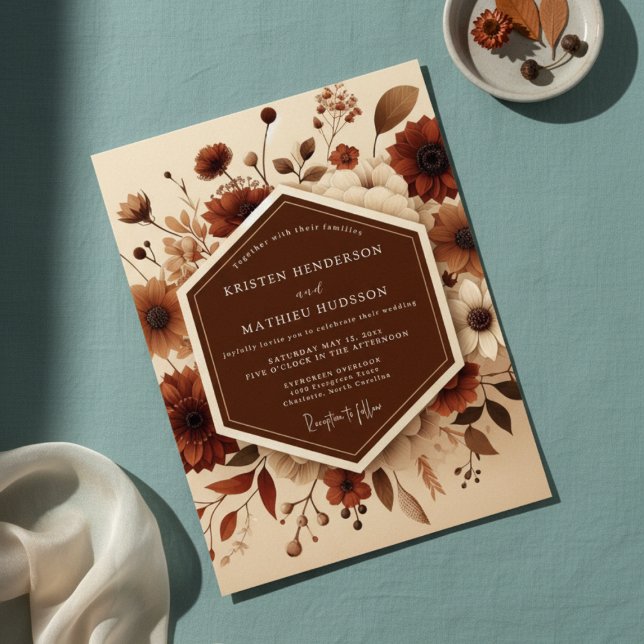 Convites Casamento Romântico Floral de Outono Marrom (Criador carregado)