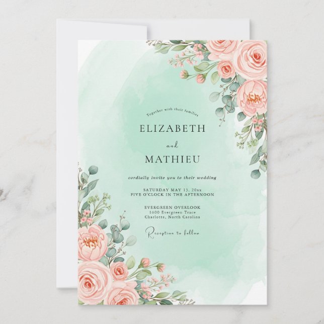 Convites Casamento Romântico Floral de Pêssego (Frente)