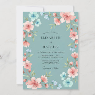 Convites Casamento Romântico Floral Delicado em Verde Azul