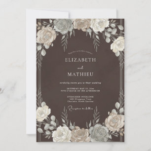 Convites Casamento Romântico Floral Delicado Marrom