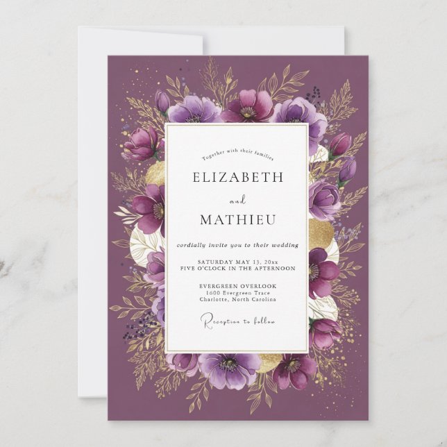 Convites Casamento Romântico Floral Dourado Ameixa (Frente)