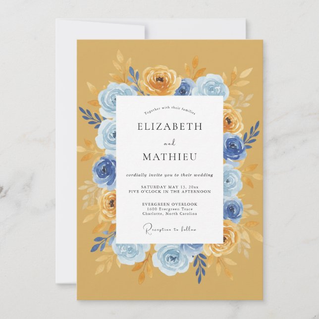 Convites Casamento Romântico Floral Dourado Azul (Frente)