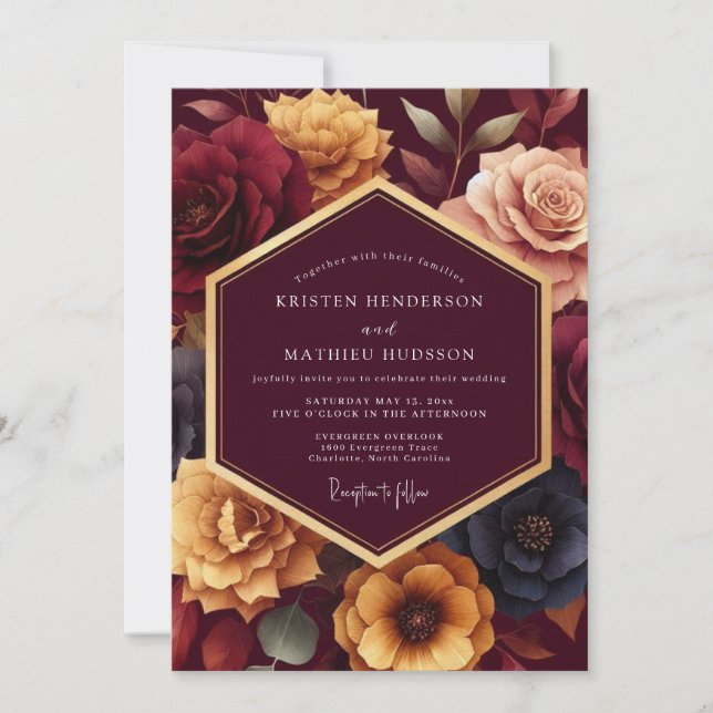 Convites Casamento Romântico Floral Dourado Borgonha (Frente)