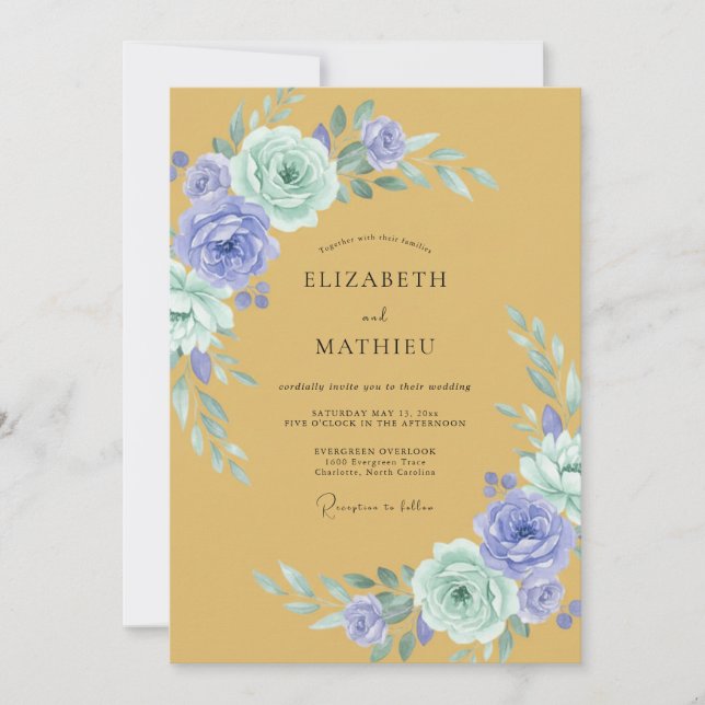 Convites Casamento Romântico Floral Dourado Lavanda (Frente)