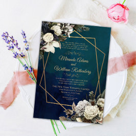 Convites Casamento Romântico Floral Dourado Wreath