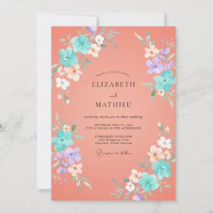 Convites Casamento Romântico Floral em Aquarela Coral