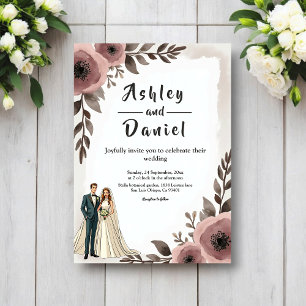 Convites Casamento Romântico Floral em Aquarela Rústica Ele