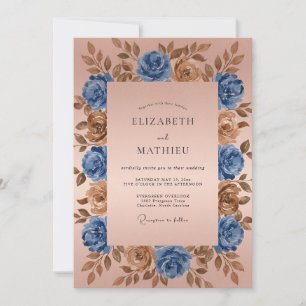 Convites Casamento Romântico Floral em Bronze Azul