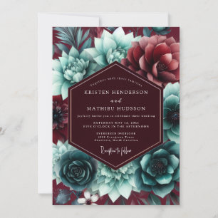 Convites Casamento Romântico Floral em Burgundy e Azul Turq
