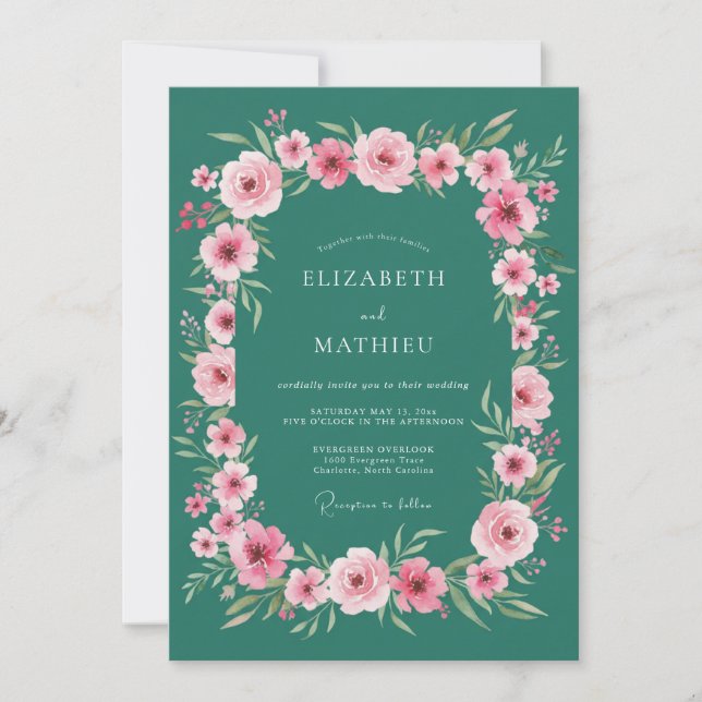 Convites Casamento Romântico Floral em Teal (Frente)