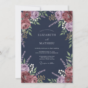 Convites Casamento Romântico Floral em Tons de Naval