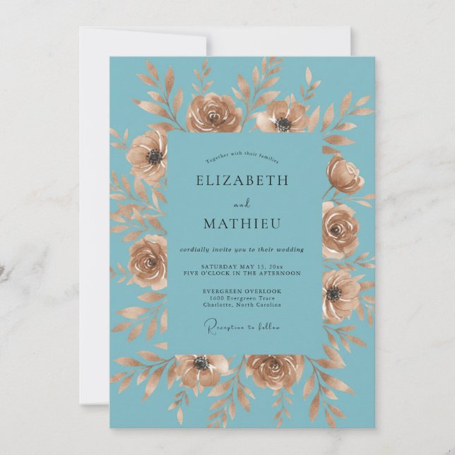 Convites Casamento Romântico Floral em Turquesa e Dourado (Frente)