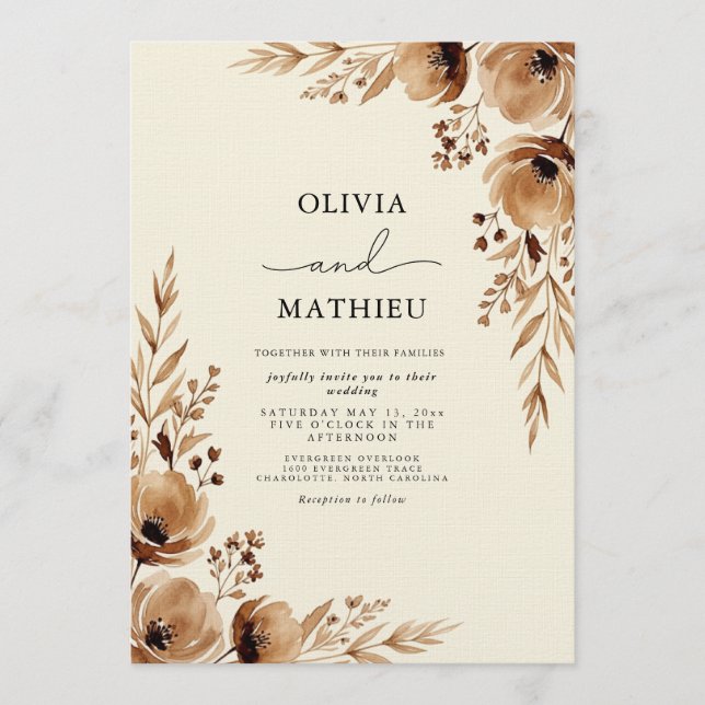 Convites Casamento Romântico Floral Etéreo Marrom (Frente)