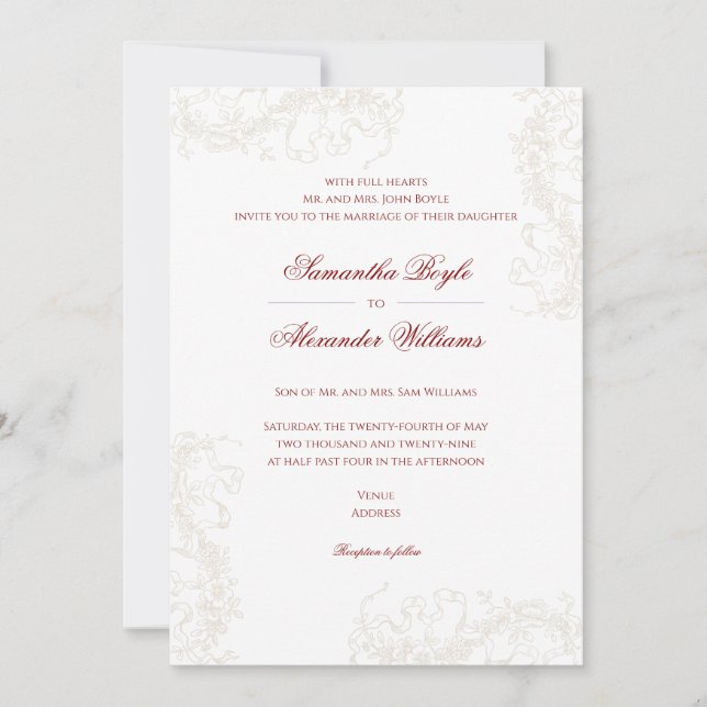 Convites Casamento Romântico Floral Francês Rococo Maroon (Frente)