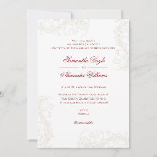 Convites Casamento Romântico Floral Francês Rococo Maroon
