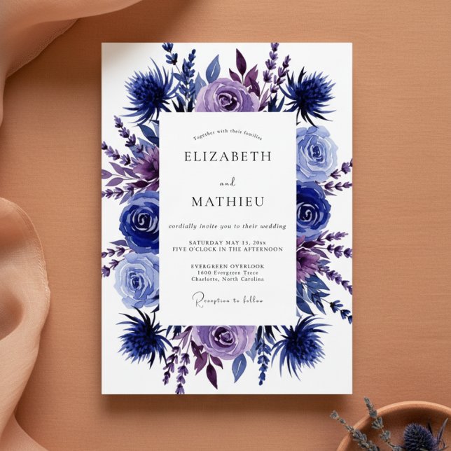 Convites Casamento Romântico Floral Índigo (Criador carregado)