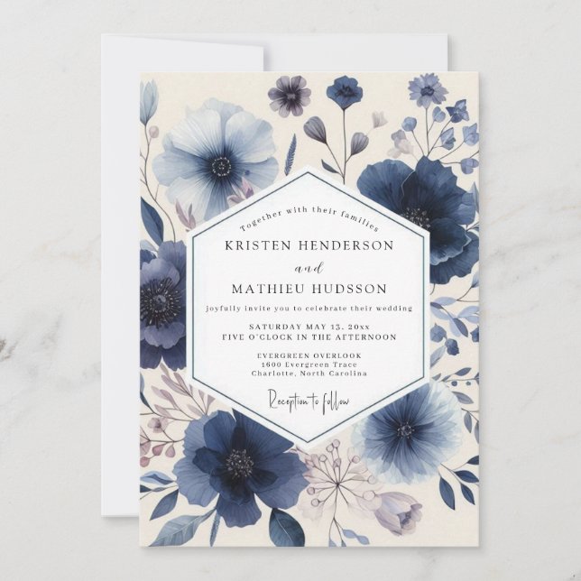 Convites Casamento Romântico Floral Índigo (Frente)