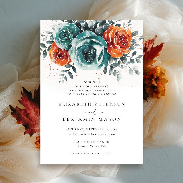 Convites Casamento Romântico Floral Laranja-Floral Romântic (fall wedding invitation teal burnt orange terracotta watercolor floral botanical modern elegant)