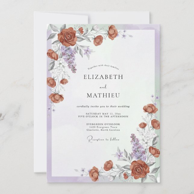 Convites Casamento Romântico Floral Laranja Queimado (Frente)