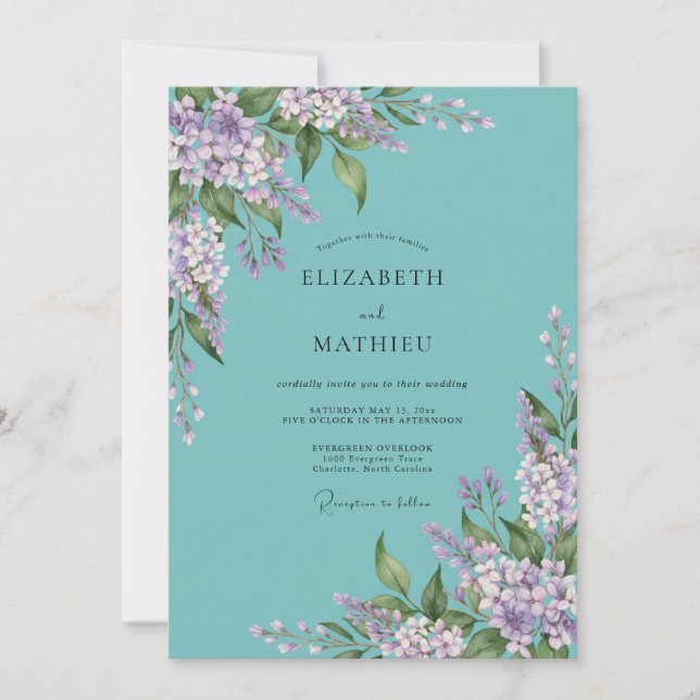 Convites Casamento Romântico Floral Lavanda Azul (Frente)