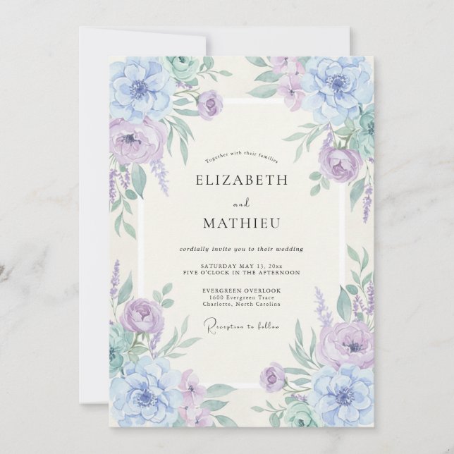 Convites Casamento Romântico Floral Lavanda e Periwinkle (Frente)