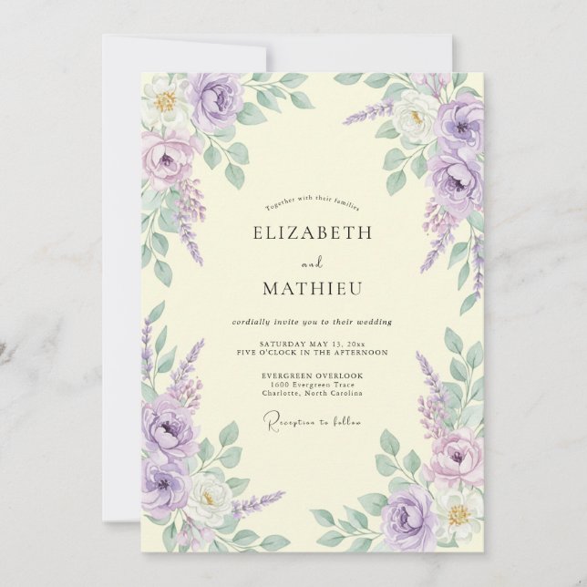 Convites Casamento Romântico Floral Lavanda Pintado (Frente)