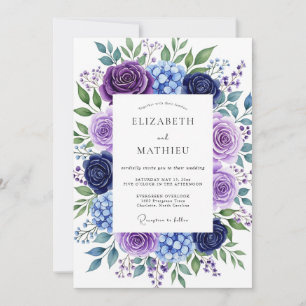 Convites Casamento Romântico Floral Luxuriante Índigo