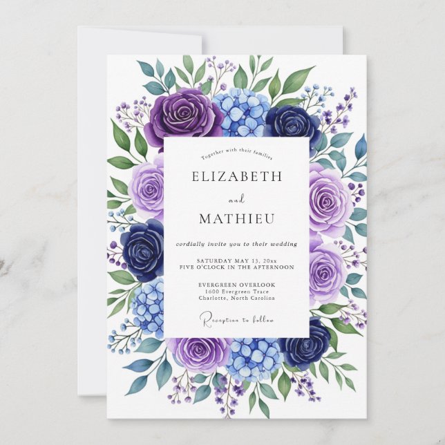 Convites Casamento Romântico Floral Luxuriante Índigo (Frente)