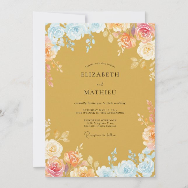 Convites Casamento Romântico Floral Macio Dourado (Frente)