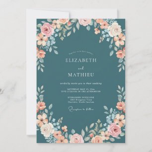 Convites Casamento Romântico Floral Macio em Azul Turquesa