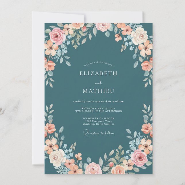 Convites Casamento Romântico Floral Macio em Azul Turquesa (Frente)