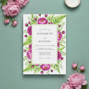 Convites Casamento Romântico Floral Magenta Pintado à Mão