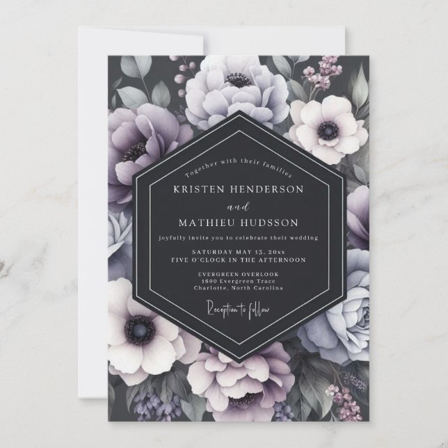 Convites Casamento Romântico Floral Malva Sombrio (Frente)