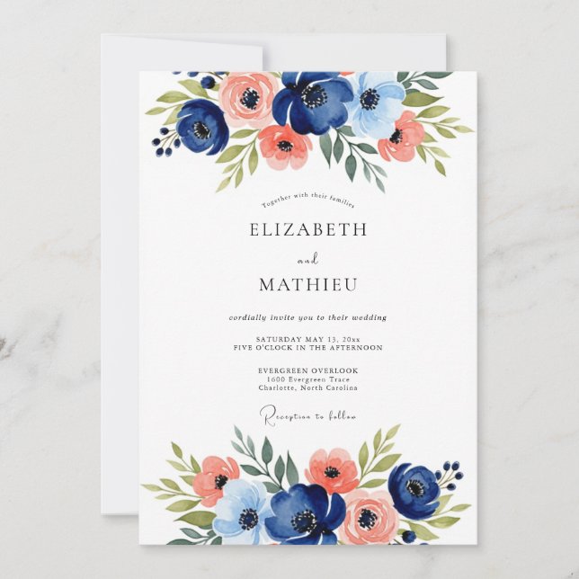 Convites Casamento Romântico Floral Marinho (Frente)