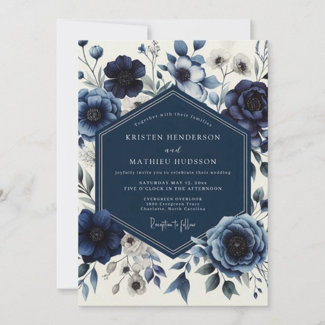 Convites Casamento Romântico Floral Marinho (Frente)