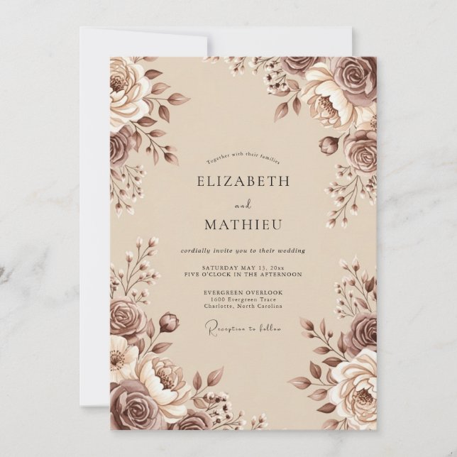 Convites Casamento Romântico Floral Marrom (Frente)