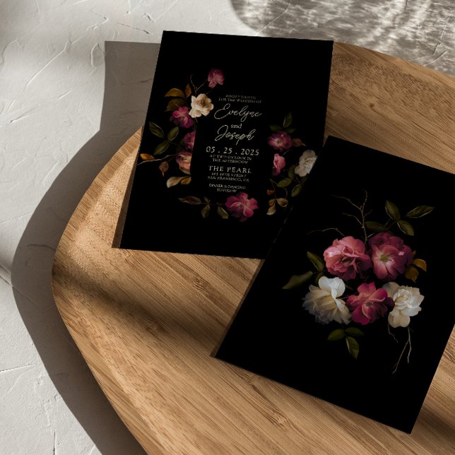 Convites Casamento Romântico Floral Moderno de Boho Dark Bu (Criador carregado)