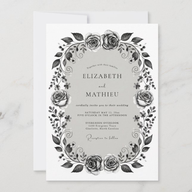 Convites Casamento Romântico Floral Monocromático (Frente)
