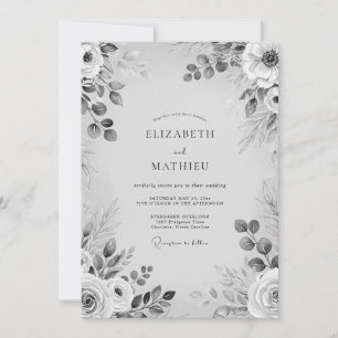 Convites Casamento Romântico Floral Monocromático Cinza