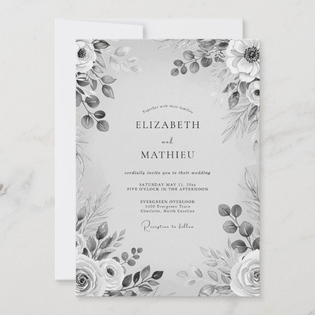 Convites Casamento Romântico Floral Monocromático Cinza (Frente)