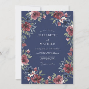Convites Casamento Romântico Floral Navy